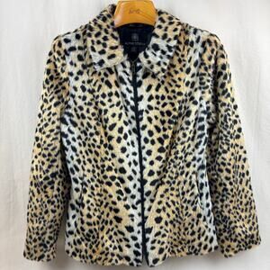 Alpine Studio Leopard Print Faux Fur Full Zip Collared 2 Pocket Jacket sz Medium